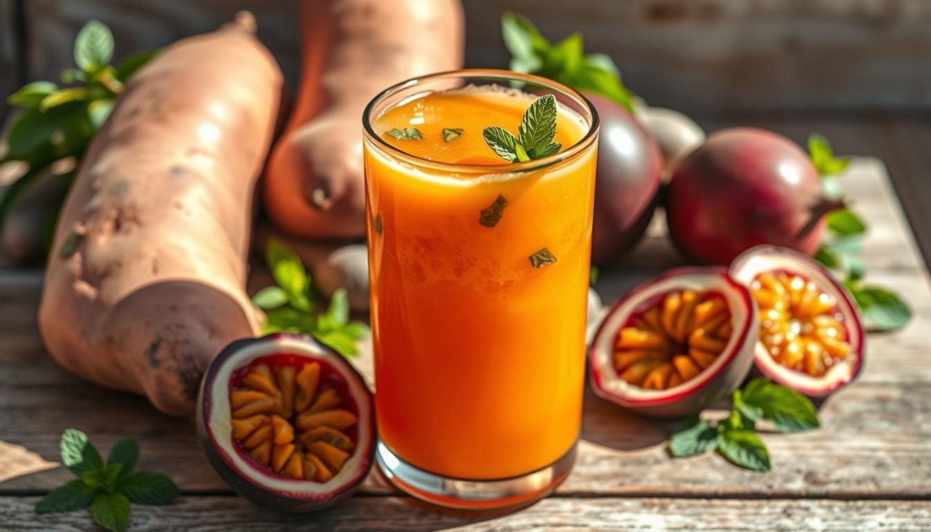 SUCO BATATA DOCE COM MARACUJA E HORTELÃ